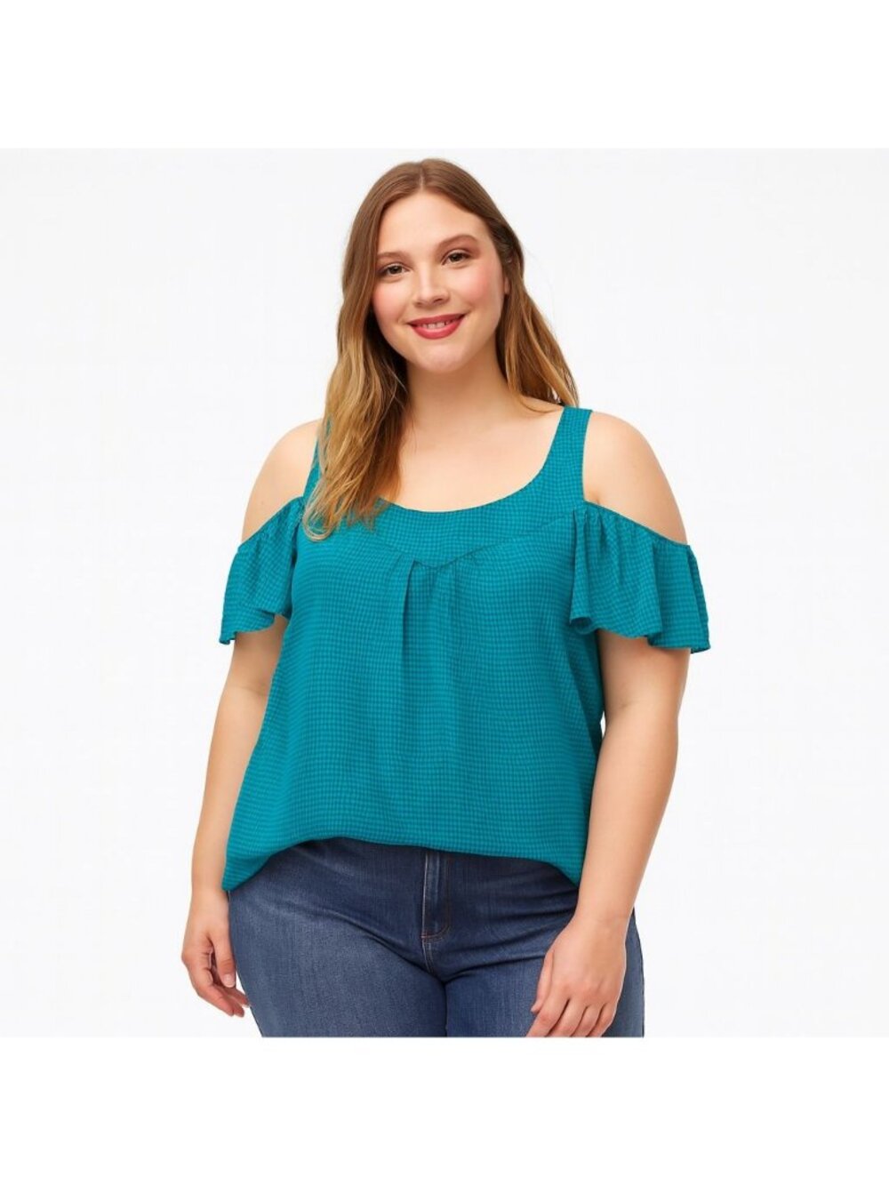 Anthropologie | Maeve Tavin Open-Shoulder Blouse Teal Plaid Ruffle US Size 6
